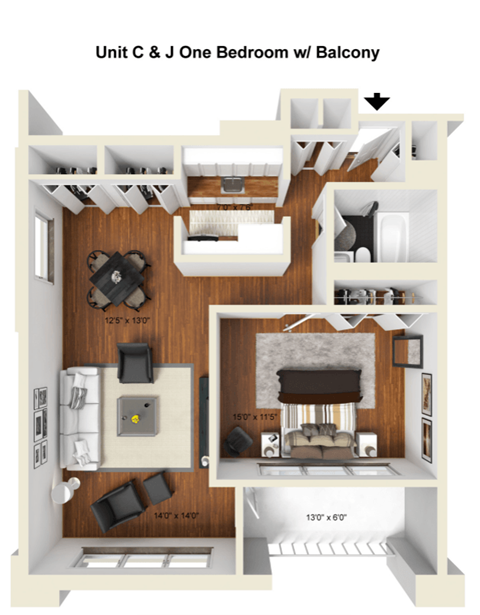 1 Bedroom 1 Bathroom-C/J Line Floor Plan at The Ivanhoe Apartments, Hackensack