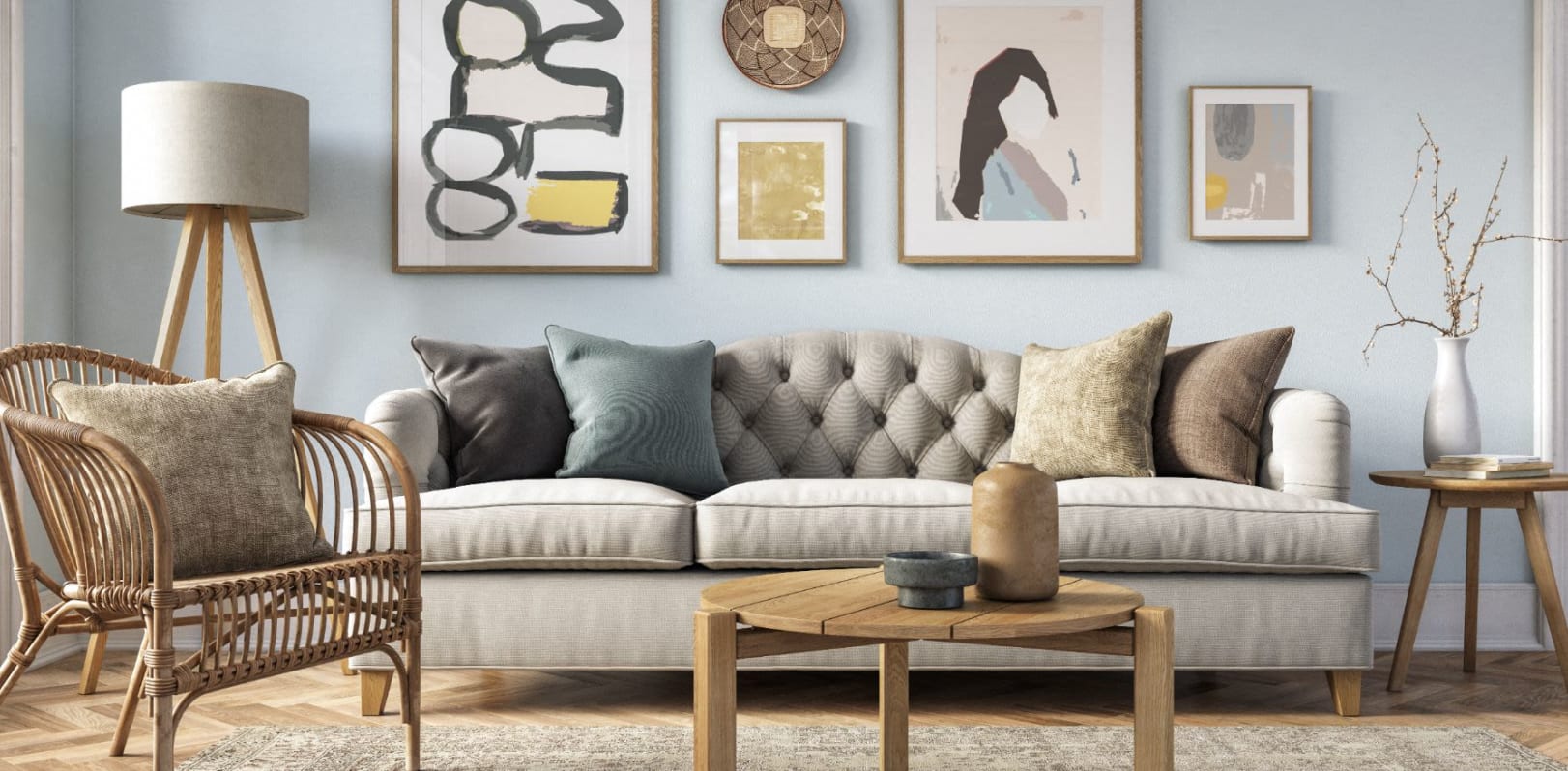 a living room with a couch and a chair