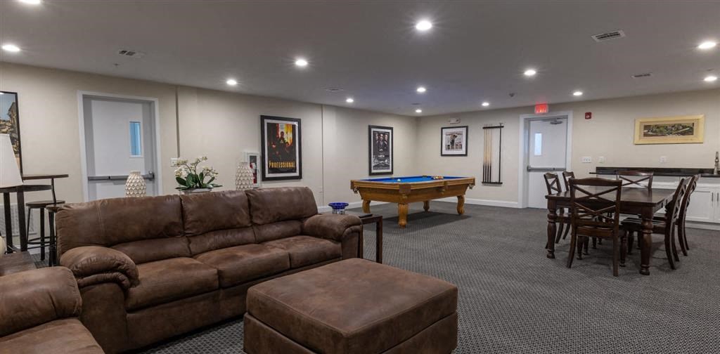 a basement with a pool table and couches at Zephyr Ridge Apartment Homes, Cedar Grove