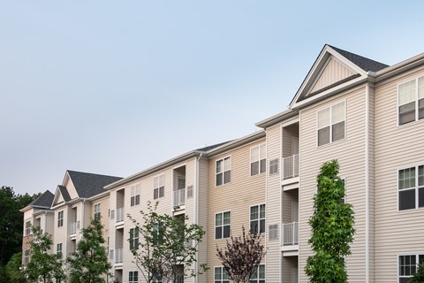 Apartment building with balconies and trees in front.