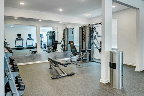 A well-equipped gym with a variety of machines and weights.