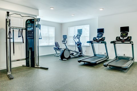 A well-equipped gym with treadmills, elliptical machines, and a weight machine.