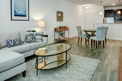 A modern living room with a grey sofa, a glass coffee table, and a grey rug.