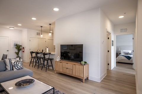 A modern living room with a grey sofa, a wooden cabinet, and a television.