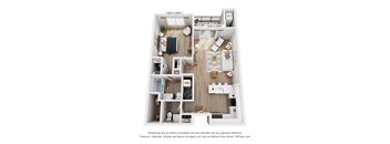 A floor plan of a two-bedroom apartment with a living room, kitchen, and bathroom.