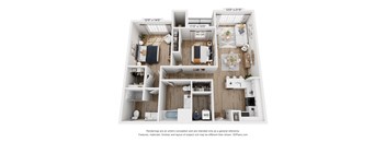 A 3D floor plan of a two-bedroom apartment.
