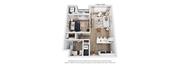A 3D floor plan of a small apartment with a kitchen, living room, and bedroom.