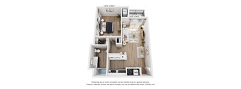A 3D floor plan of a small apartment with a kitchen, living room, and bathroom.