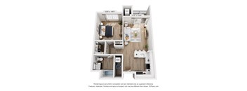 A 3D floor plan of a small apartment with a kitchen, living room, and bathroom.