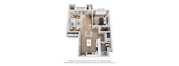 A 3D floor plan of a small apartment with a kitchen, living room, and bedroom.