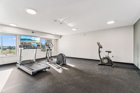 A spacious gym with a treadmill, exercise bike, and weights.