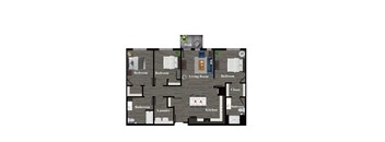 A floor plan of a house with a deck and a kitchen.