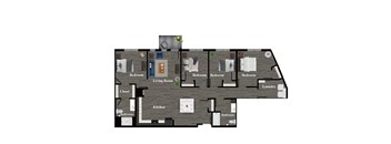 A floor plan of a house with a living room, kitchen, and bedrooms.