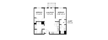 A black and white image of a house floor plan with three bedrooms and a living room.