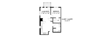 A black and white image of a floor plan for a small apartment.