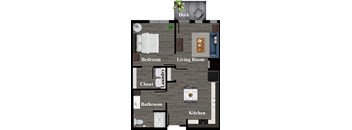 A floor plan of a house showing a bedroom, living room, kitchen, bathroom, and closet.
