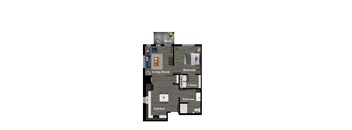 A floor plan of a house with a kitchen, living room, bedroom, and bathroom.