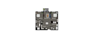A floor plan of a house with a deck and a kitchen.