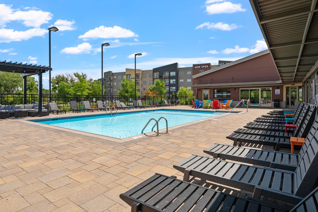 TRIO @ Southbridge apartments pool and seating area