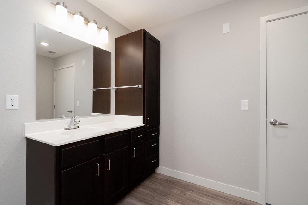a bathroom with a sink and a mirror in a home