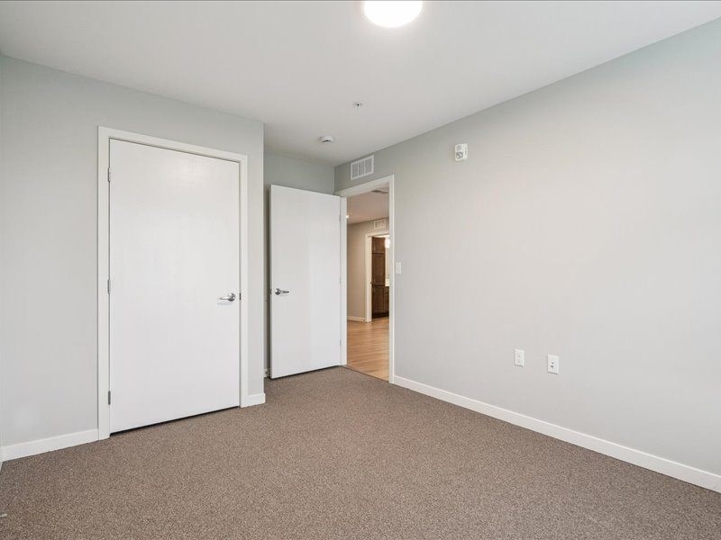 A room with two white doors and a carpeted floor.