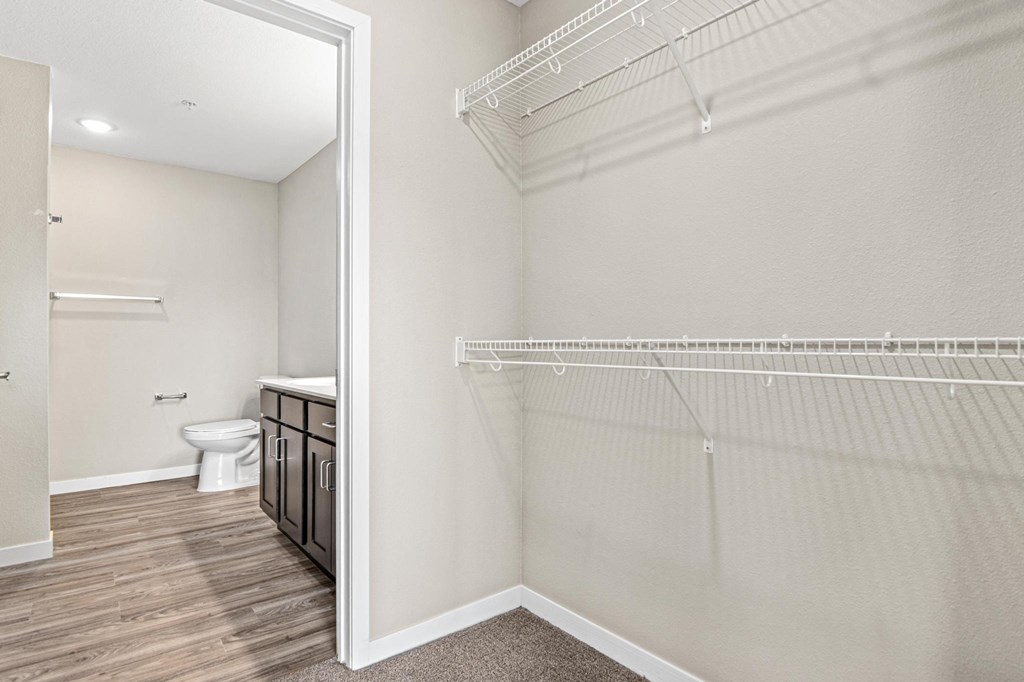 a bathroom with a shower and a toilet in a room with a closet