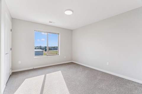A room with a carpeted floor and a window showing a blue sky.