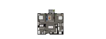 A floor plan of a house with a kitchen, living room, and bedrooms.