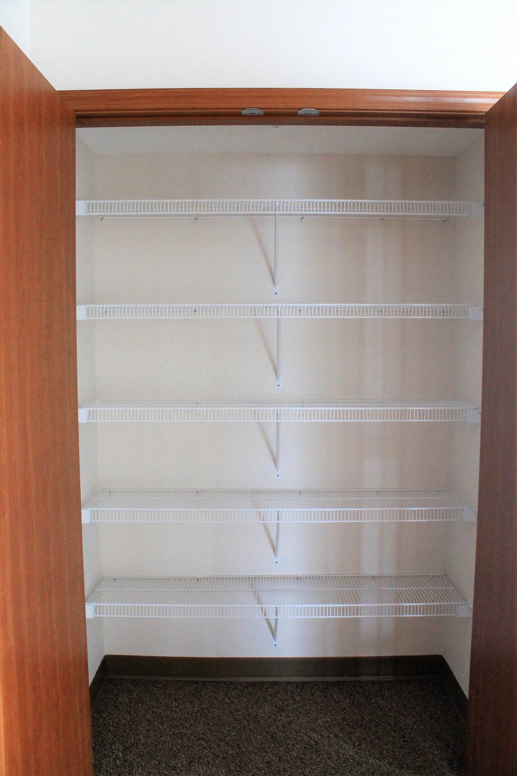 A pantry with a brown door and white shelves.