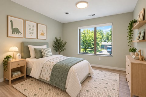 A bedroom with a bed, nightstand, and window.