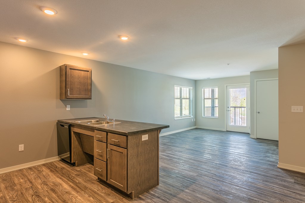 an empty kitchen and living room with a sink and a cabinet