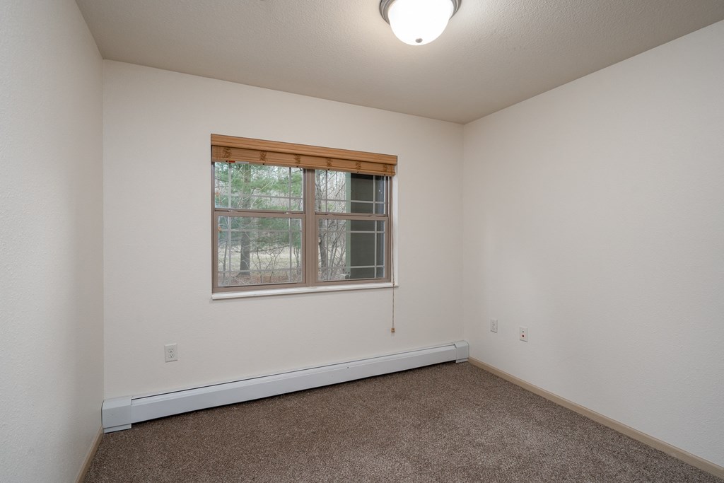 an empty room with carpet and a window
