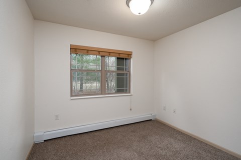 A room with a window and carpeted floor.