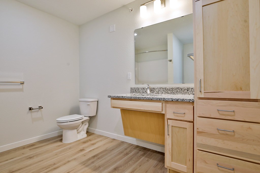 A bathroom with a toilet, sink and mirror.