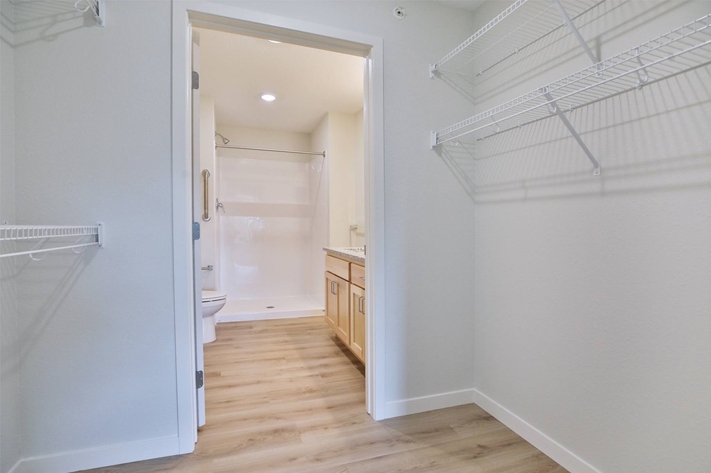 A white closet with a white door is open to a kitchen.