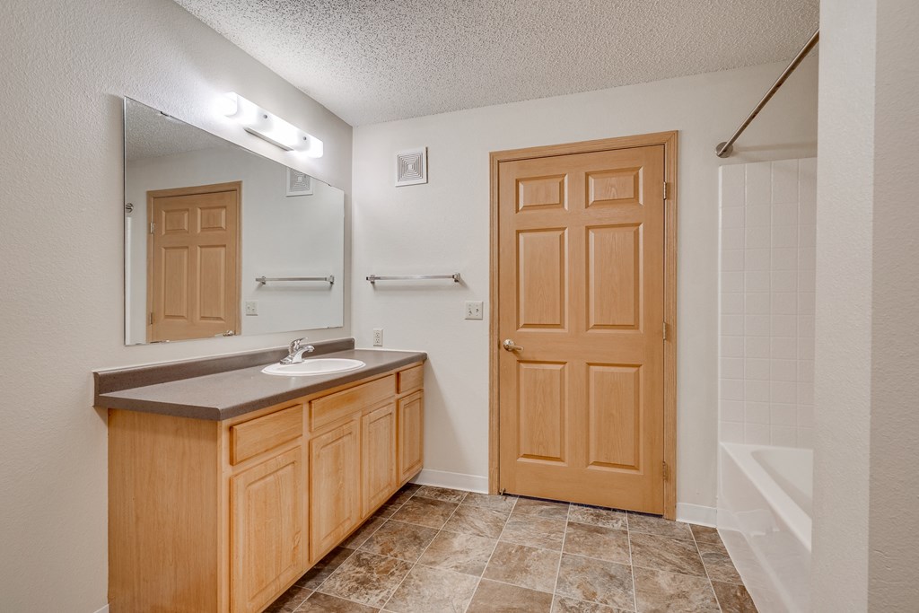 an empty bathroom with a sink and a shower