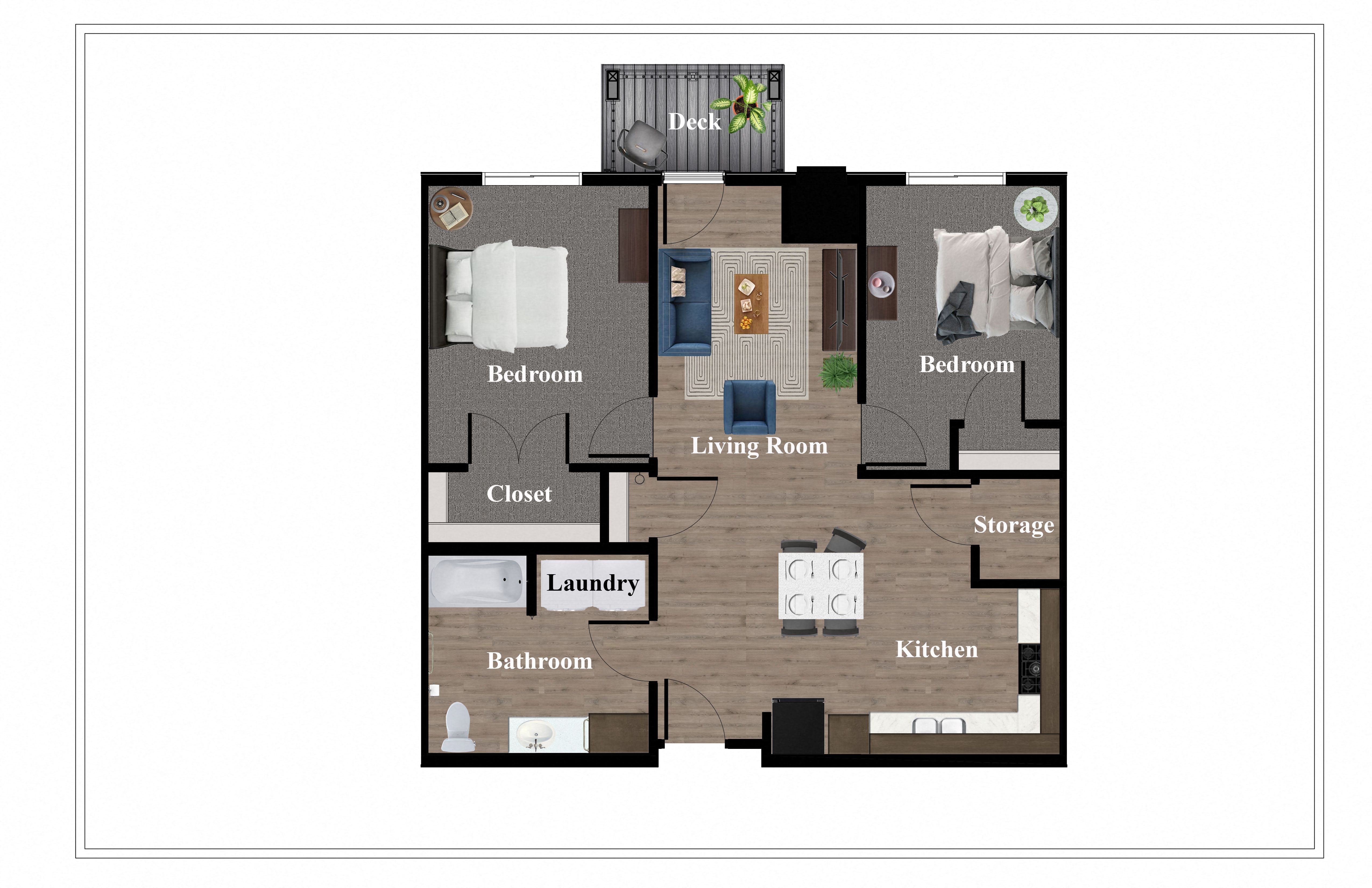 A floor plan with two bedrooms, a living room, a closet, a laundry room, a bathroom, a kitchen, and storage.