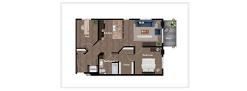 A floor plan of a house showing a kitchen, living room, and bedrooms.