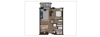 A floor plan of a house with a deck, living room, kitchen, bedroom, closet, and bathroom & laundry.