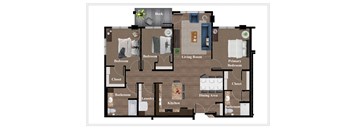 A floor plan of a house with two bedrooms, a living room, a kitchen, a dining area, a bathroom, a laundry room, and a closet.