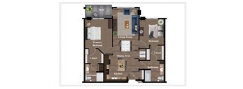 A floor plan of a house with a living room, dining area, kitchen, and multiple bedrooms.