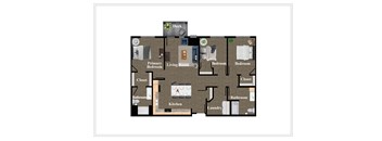 A floor plan of a house with a deck, two bedrooms, a living room, two bathrooms, a kitchen, and a laundry room.