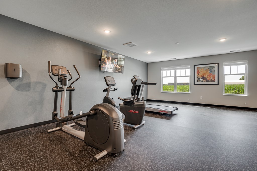 A home gym with a treadmill, elliptical trainer and a stationary bike.