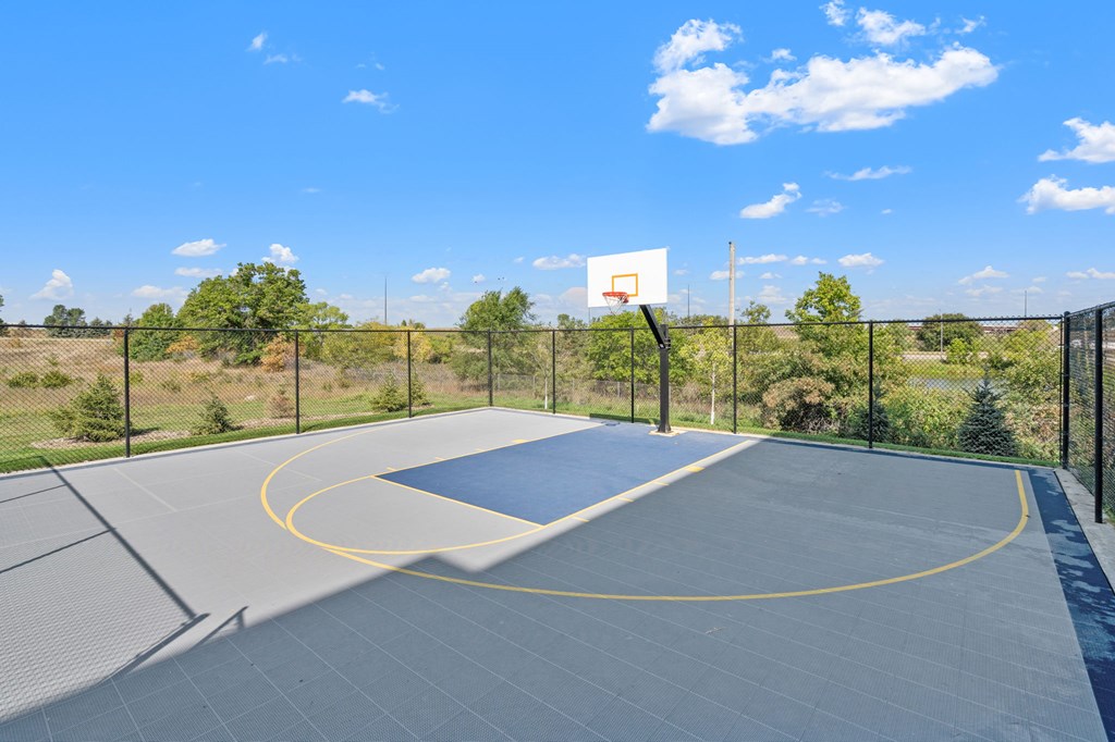 A basketball court with a hoop and a yellow circle on the ground.