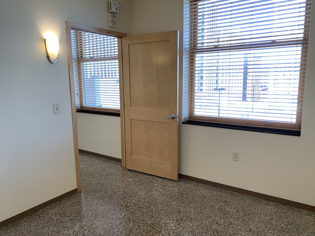 a door and two windows in a room