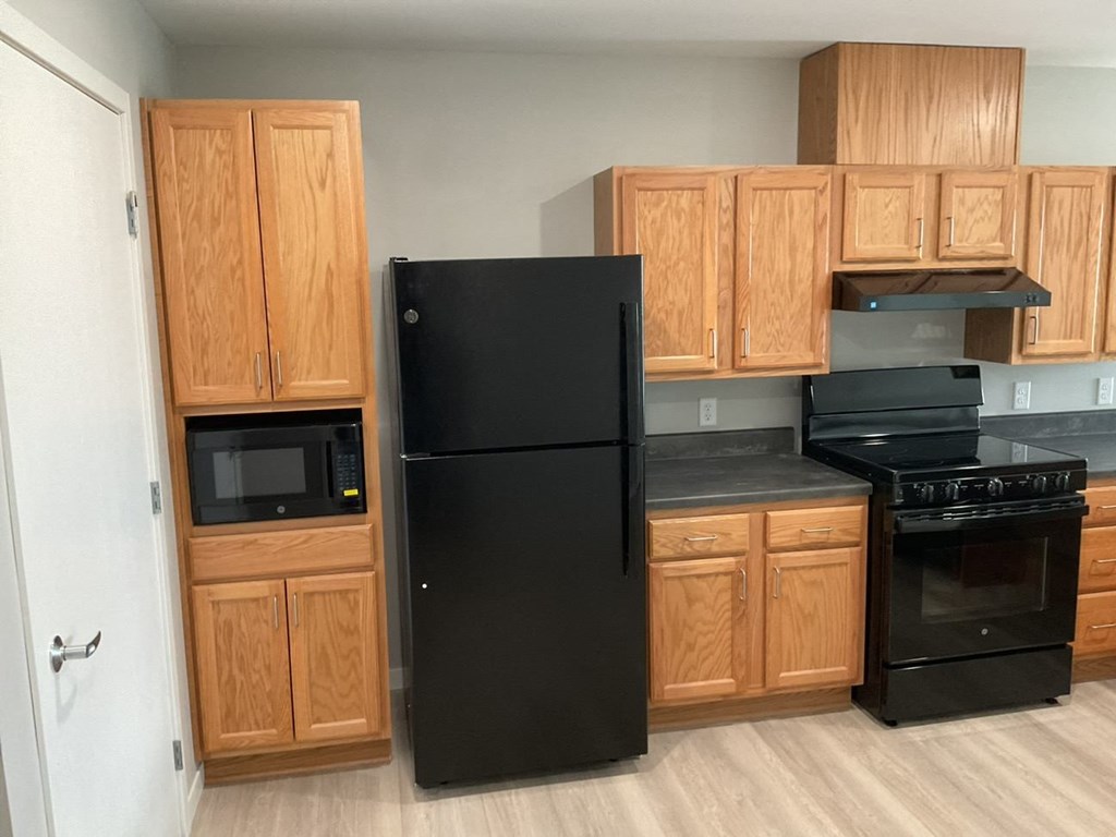 a kitchen with a black refrigerator and wooden cabinets