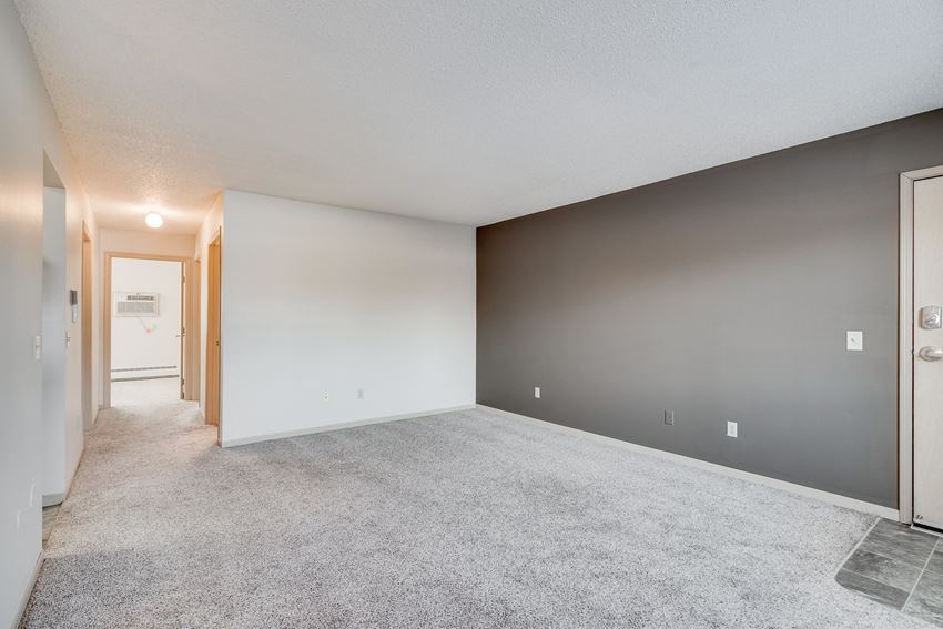 the living room and dining room of an apartment with carpeting and a white wall