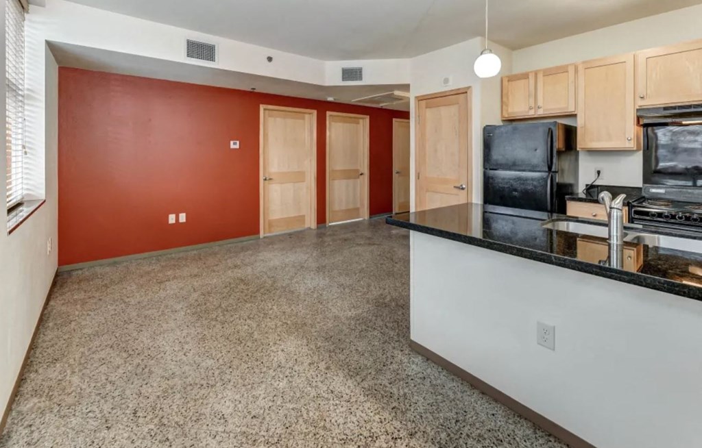 kitchen and living area at the historic minnesota building