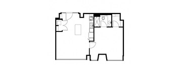 A black and white floor plan of a house with a kitchen, living room, and bathroom.