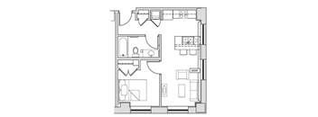 A floor plan of a house with a kitchen, living room, and bathroom.